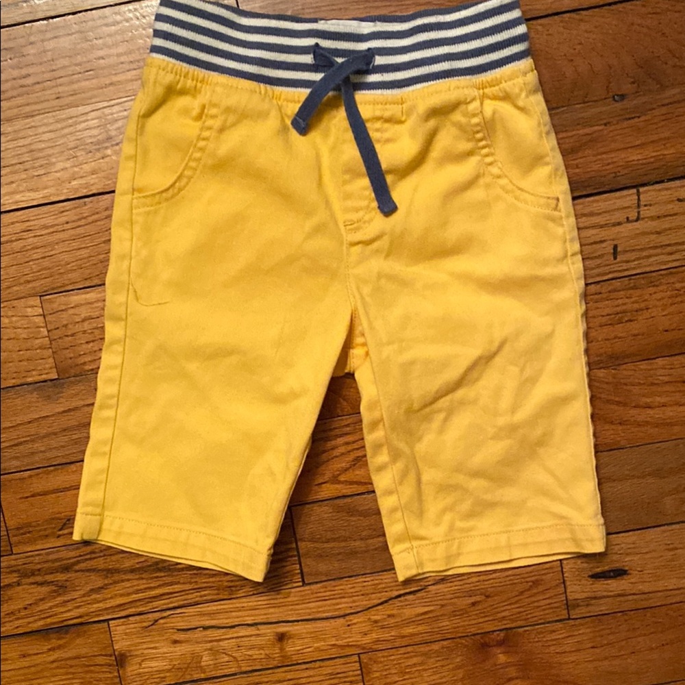 Bright Yellow Knee-Length Shorts with Striped Waistband and Drawstring